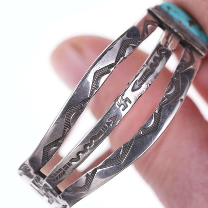 c1940's Navajo Silver Stamped cuff bracelet with whirling logs and turquoise cen