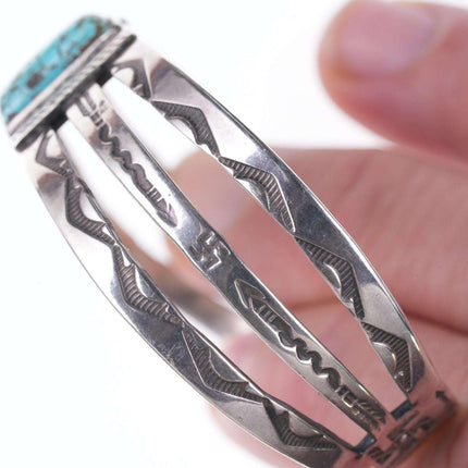 c1940's Navajo Silver Stamped cuff bracelet with whirling logs and turquoise cen