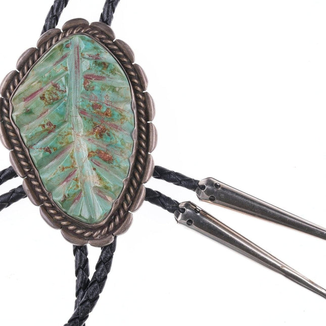 40's-50's Zuni Carved Turquoise Leaf  Silver bolo tie