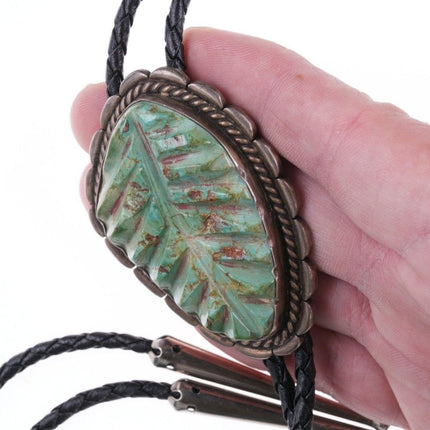 40's-50's Zuni Carved Turquoise Leaf  Silver bolo tie