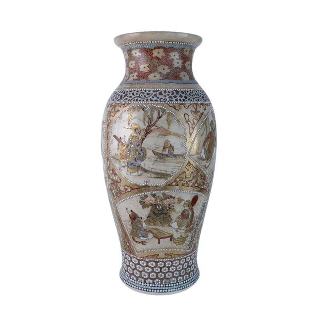 12.5 英寸明治时期日本萨摩花瓶，带凸起 Moriage 装饰