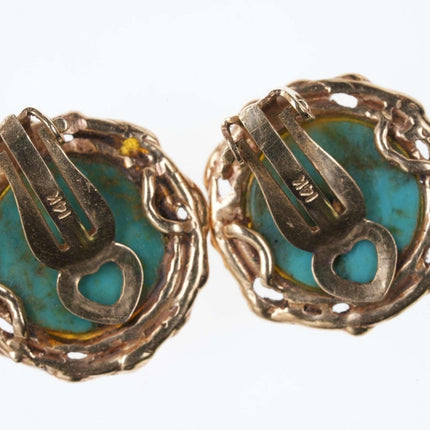 中世纪野兽派风格 14k 金/绿松石夹式耳环