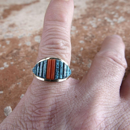Sz8 14K gold High Grade Turquoise and Coral Native american ring Possibly Hopi