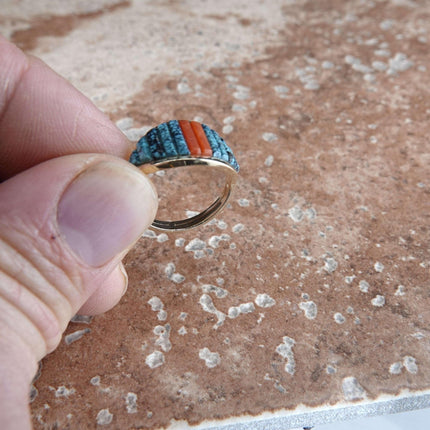 Sz8 14K gold High Grade Turquoise and Coral Native american ring Possibly Hopi