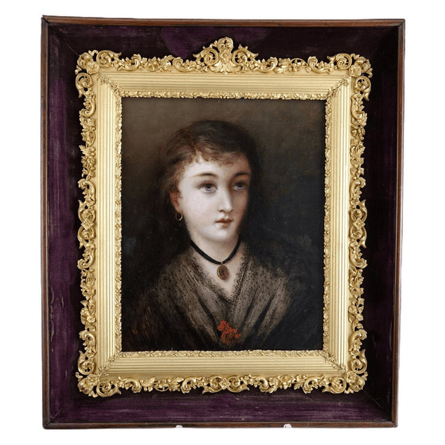c1850 一位年轻女子的肖像油画在令人难以置信的框架中
