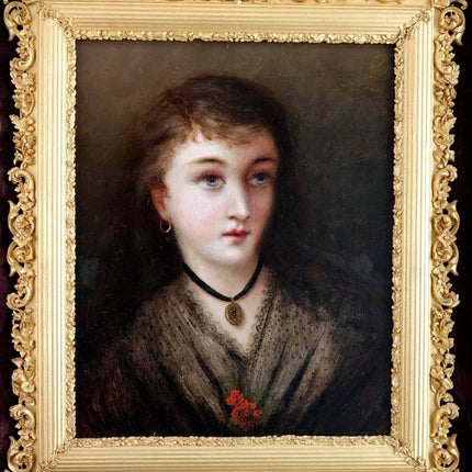 c1850 Portrait of a Young woman Oil on Canvas in incredible frame