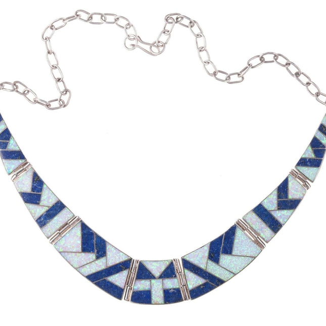 Native American Opal and Lapis sterling channel inlay necklace