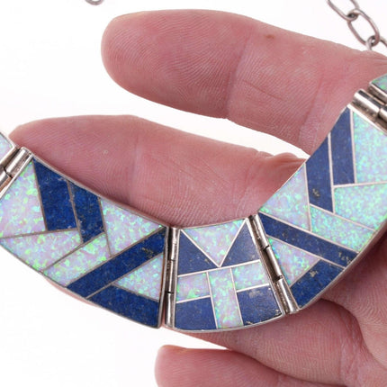 Native American Opal and Lapis sterling channel inlay necklace