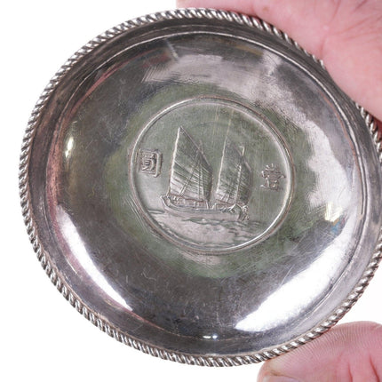 Antique Chinese Republic Period Silver Dollar mounted as sterling trinket dish