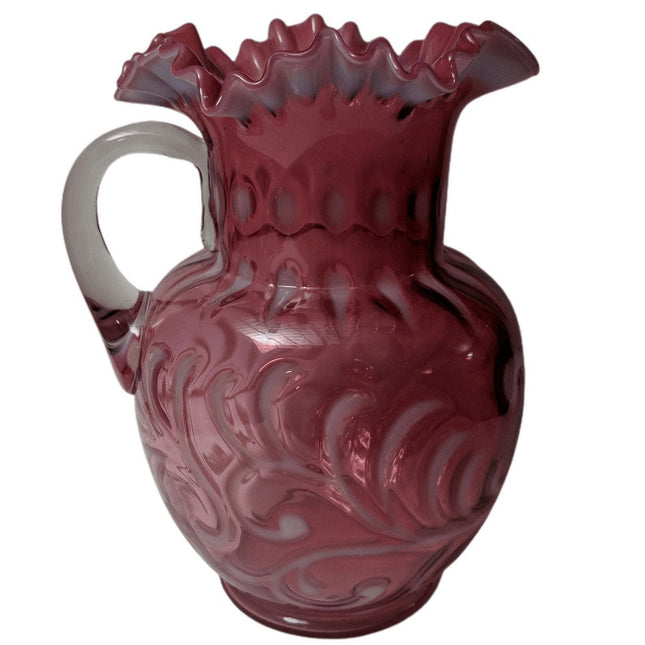 c1890 Cranberry Opalescent Buttons n Braids Water Pitcher