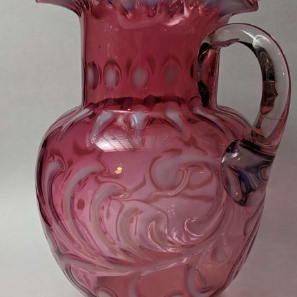 c1890 Cranberry Opalescent Buttons n Braids Water Pitcher