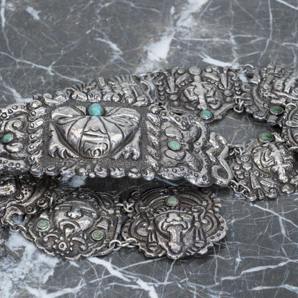 27.75" c1920's Mexican Sterling Silver Repousse Turquoise Aztec belt
