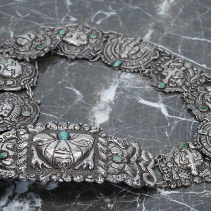 27.75" c1920's Mexican Sterling Silver Repousse Turquoise Aztec belt