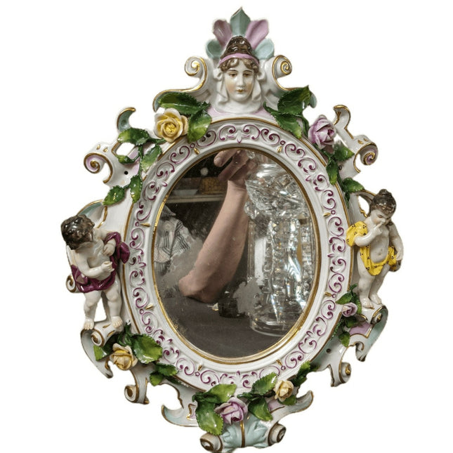 c1890 Volkstedt 陶瓷墙镜，带 Putti/玫瑰