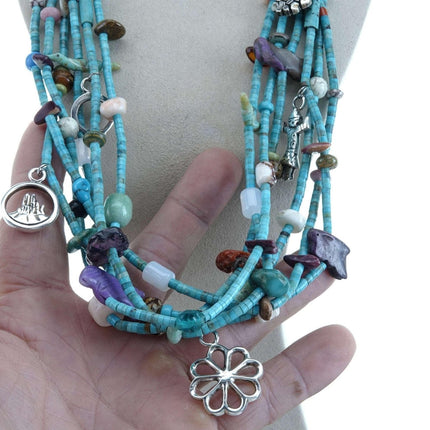 Zuni Sterling Turquoise Heishi  Charm necklace 6 Strand