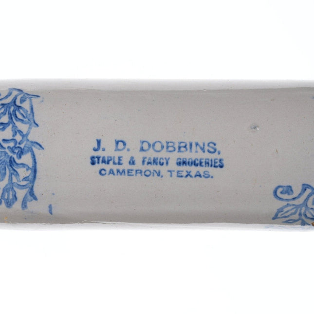 Blau-weißes Steingut-Werbungs-Nudelholz aus Cameron, Texas um 1905, jd Robbins Staple and Fancy Groceries