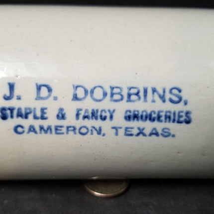 Blue and White Stoneware Cameron, Texas Advertising Rolling Pin c.1905 j.d. Robb