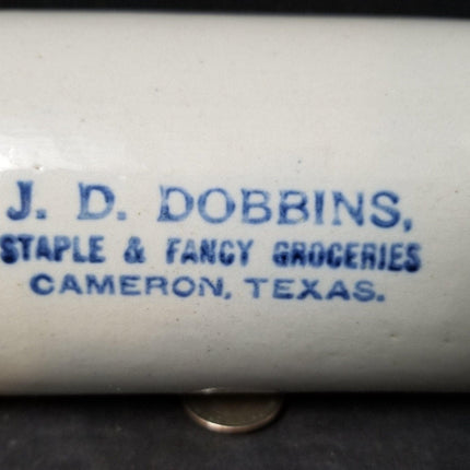 Blau-weißes Steingut-Werbungs-Nudelholz aus Cameron, Texas um 1905, jd Robbins Staple and Fancy Groceries