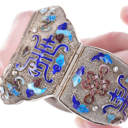 Huge antique Chinese silver enamel rose quartz bracelet