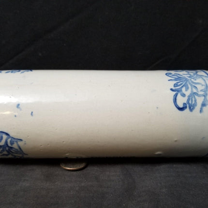 Blau-weißes Steingut-Werbungs-Nudelholz aus Cameron, Texas um 1905, jd Robbins Staple and Fancy Groceries