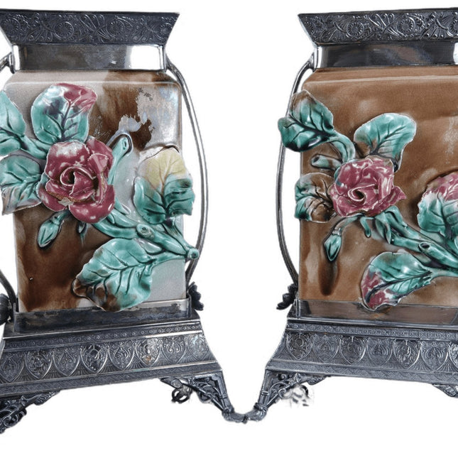 c1890 珐琅花瓶，带银盘底座