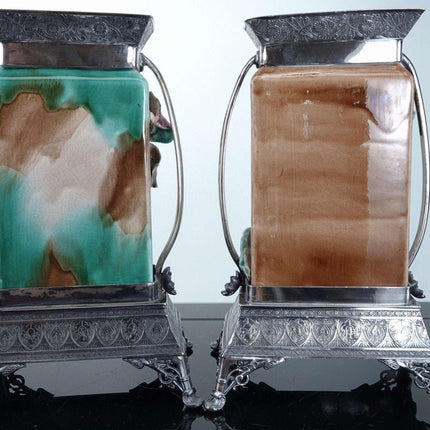 c1890 Majolica Vases with Silver plate Mounts