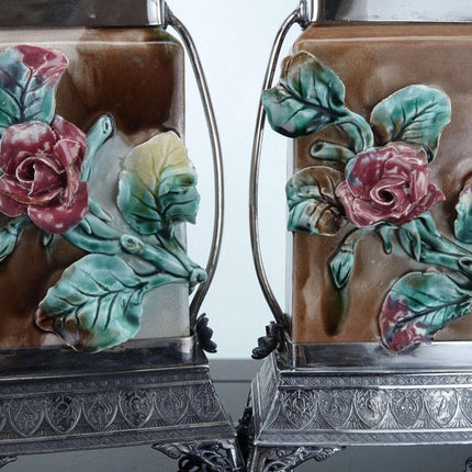 c1890 Majolica Vases with Silver plate Mounts