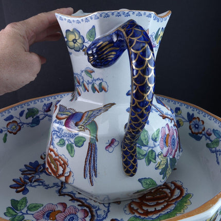 c1870 梅森飞鸟中国风手绘彩色转移器洗碗和水罐套装