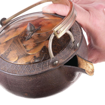 c1890 Meiji Japanese choshi Sake pot with Lacquer lid bronze handle