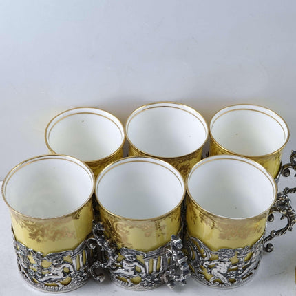 c1900 Walker/Hall Sterling 小咖啡杯，带 George Jones 瓷器插件和碟子