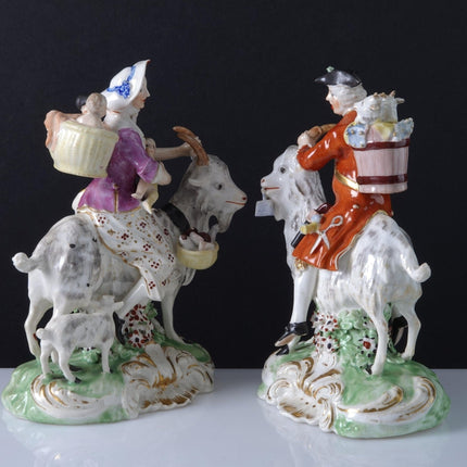 c1790 Derby Figure Group Pair "The Welsh Tailors" Woman Breastfeeding guy with t