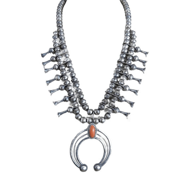 Phil Garcia Navajo Sterling and Coral Squash Blossom Necklace