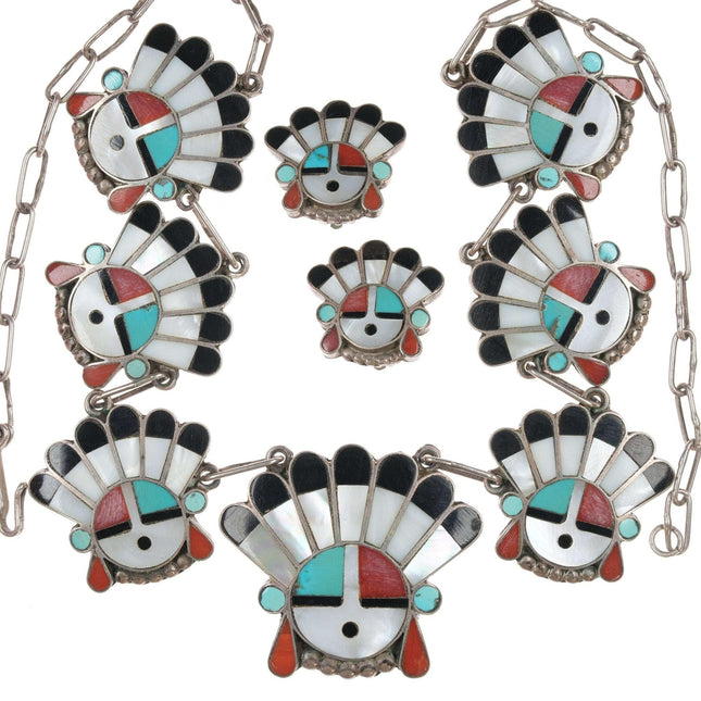 Vintage Zuni Sunface Inlay Halskette und Ohrringe Set