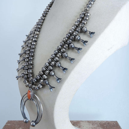 Phil Garcia Navajo Sterling and Coral Squash Blossom Necklace