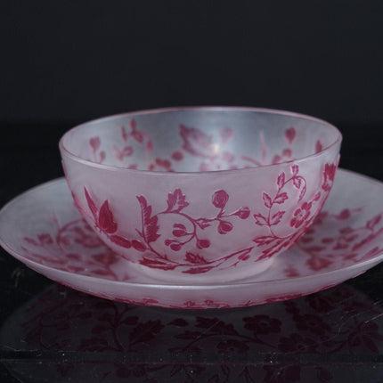 Antique English Cameo glass cup and saucer with butterfly/Chinoisiere decoration