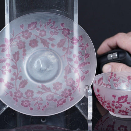 Antique English Cameo glass cup and saucer with butterfly/Chinoisiere decoration