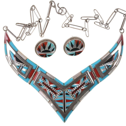 Vintage Zuni Native American Multi-Stone Channel Inlay Halskette und Ohrringe Set