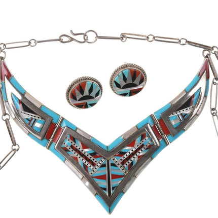 复古 Zuni 美洲原住民多石槽形镶嵌项链和耳环套装