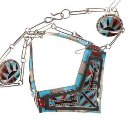 Vintage Zuni Native American Multi-Stone Channel Inlay Halskette und Ohrringe Set
