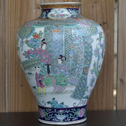 Huge Meiji Period Antique Japanese Rose Medallion Style Polychrome enamed Vase H