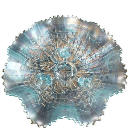 Northwood Ice Blue Carnival Glass Poinsettia and lattice
