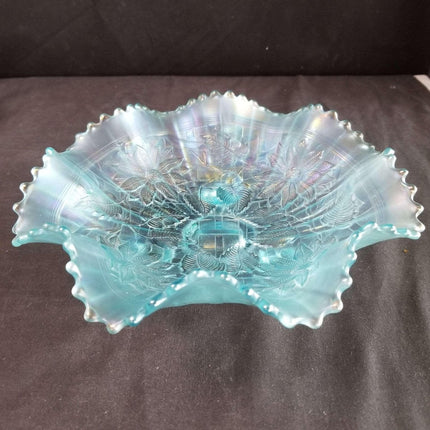 Northwood Ice Blue Carnival Glass Poinsettia and lattice