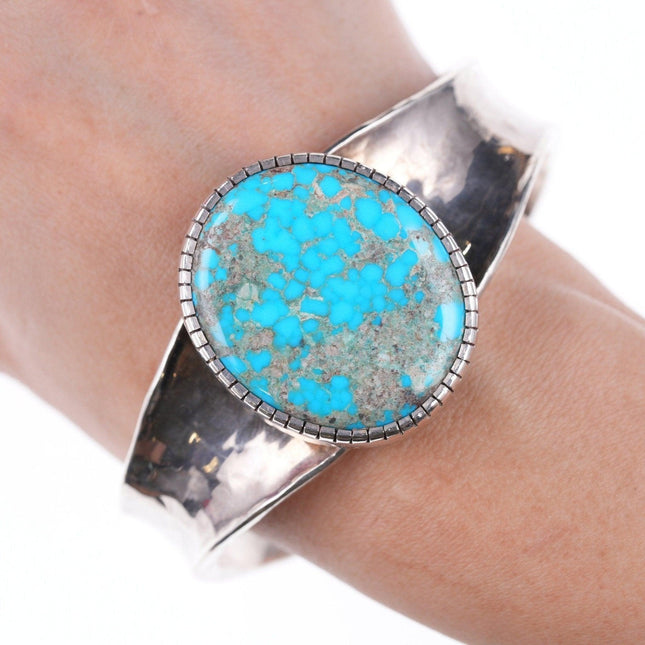 7 5/8" Heavy Hammered Sterling and high grade turquoise bracelet