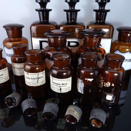 c1890 Amber Apothecary Bottle Set some Labels Under Glass ground stoppers