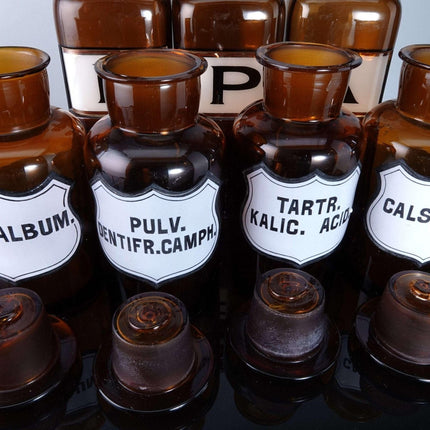 c1890 Amber Apothecary Bottle Set some Labels Under Glass ground stoppers