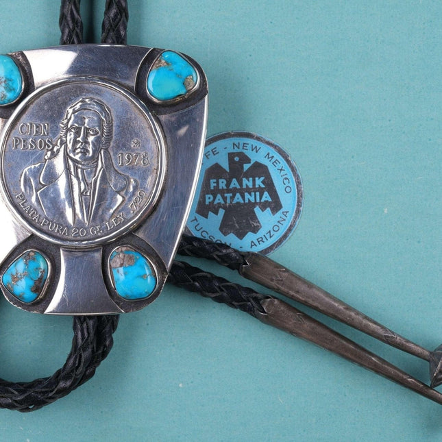 c1978 Frank Patania Jr modernist sterling bolo turquoise & Mexican 100 Peso