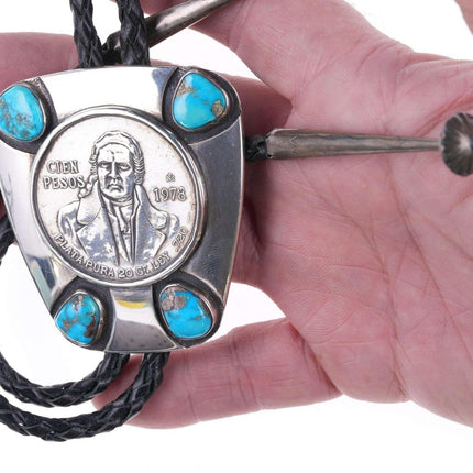 c1978 Frank Patania Jr modernist sterling bolo turquoise & Mexican 100 Peso
