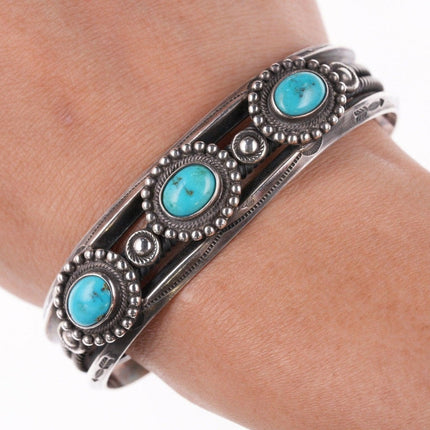 7" 30's-40's Navajo Stamped silver carinated wire bracelet with turquoise