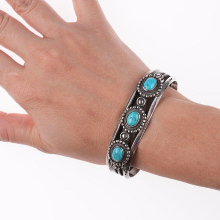 7" 30's-40's Navajo Stamped silver carinated wire bracelet with turquoise