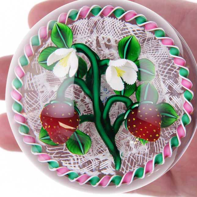 Bob Banford Strawberries with blooms lampwork paperweight